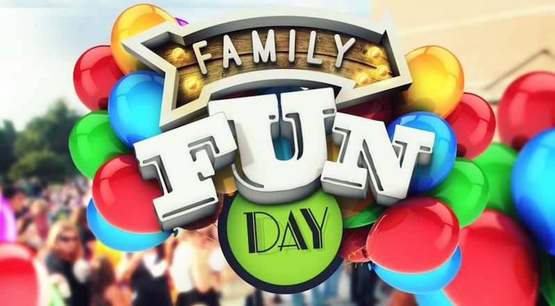 Carnival setting with balloons featuring Family Fun Day text