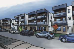 Rendering of a city street with multiple dwelling building